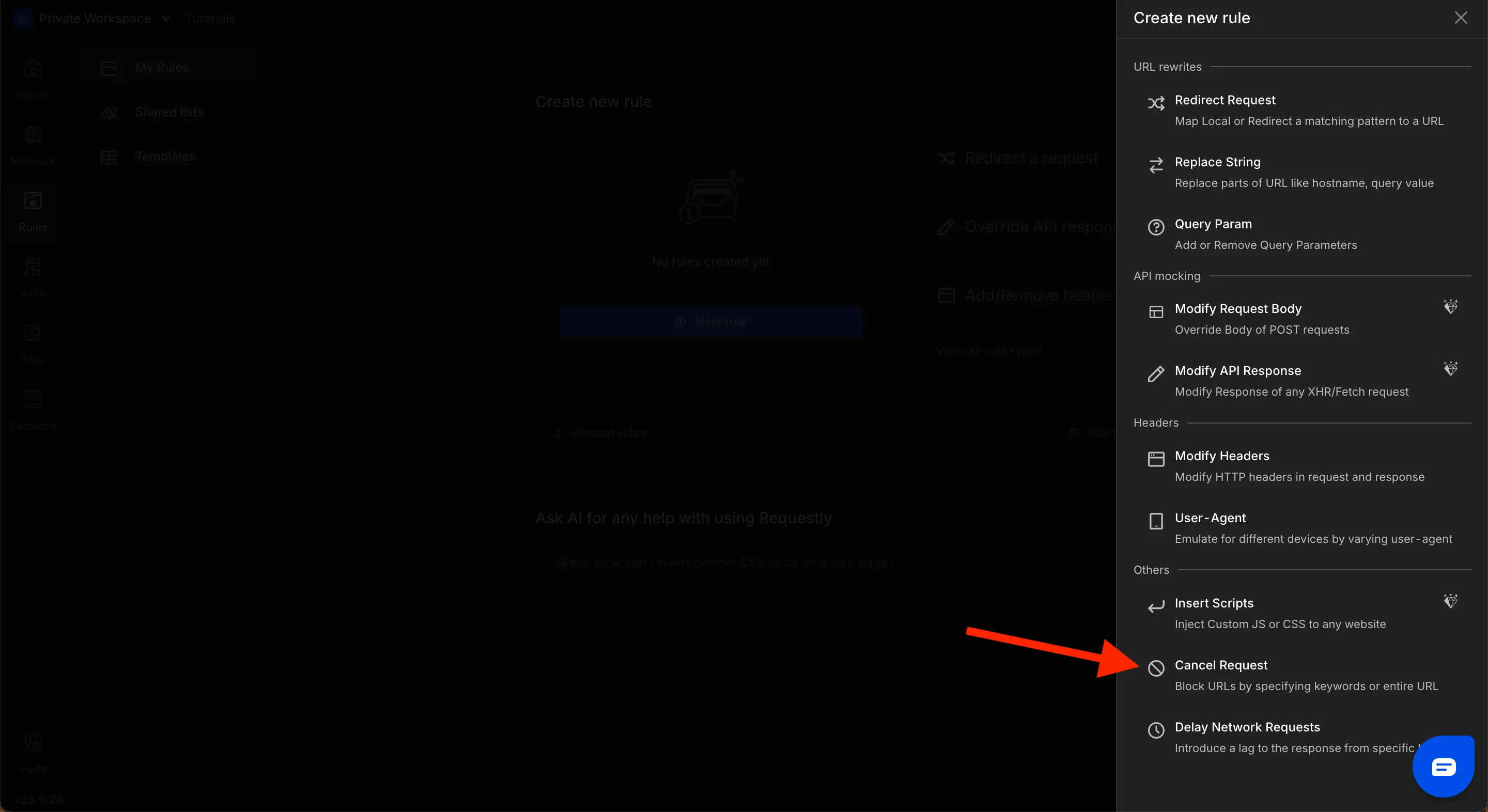 Click Cancel Request rule categorie